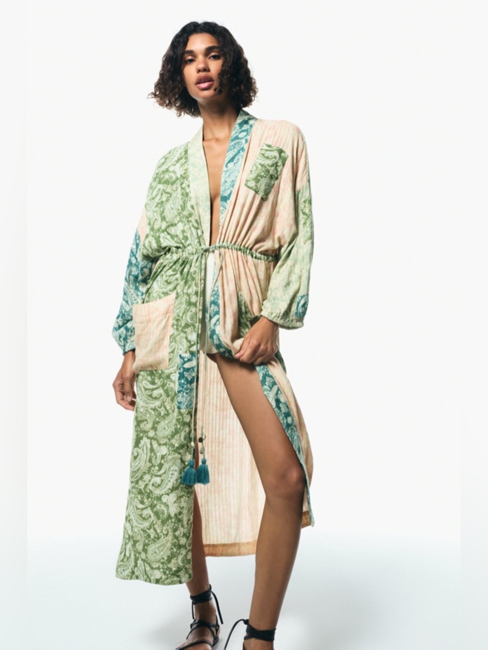 Zara Celia patchwork printed Kimono robe size small women tasseled boho paisley